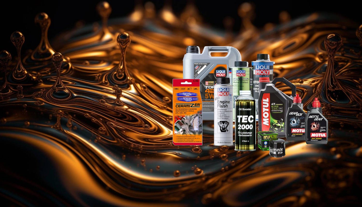 Oleje silnikowe Liqui Moly i Motul na tle rozlanego oleju